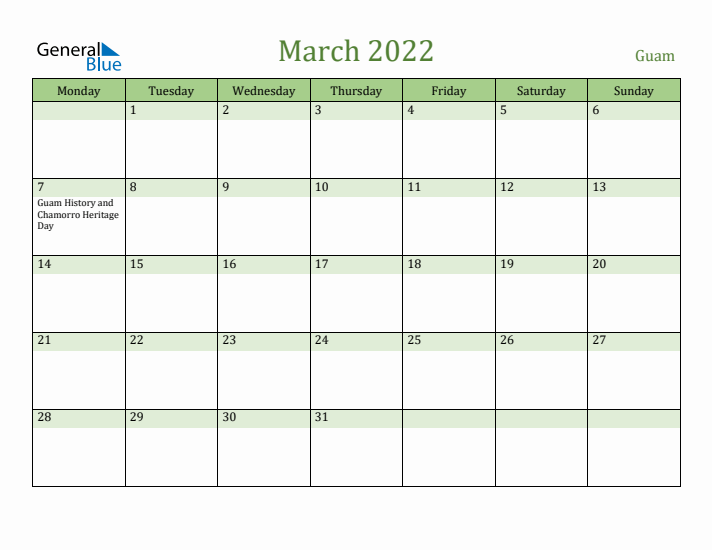 March 2022 Calendar with Guam Holidays