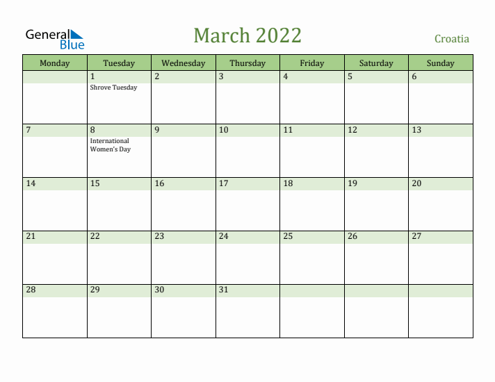 March 2022 Calendar with Croatia Holidays