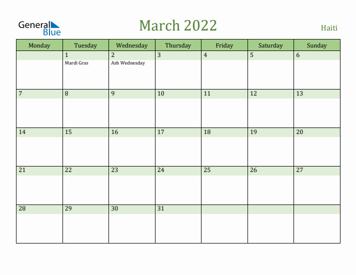 March 2022 Calendar with Haiti Holidays