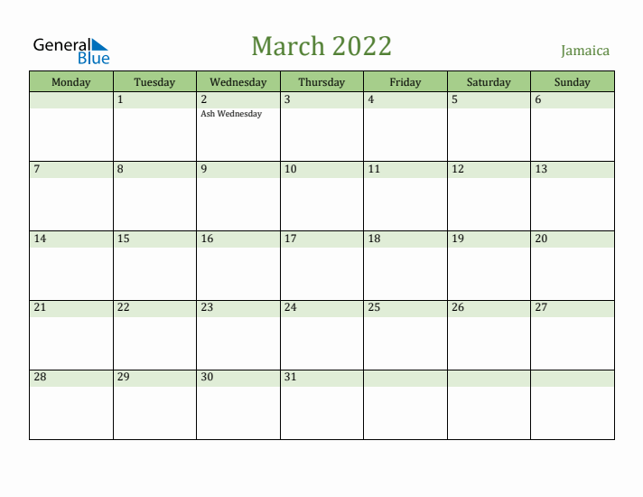 March 2022 Calendar with Jamaica Holidays