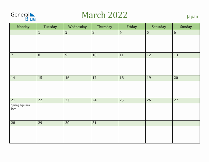 March 2022 Calendar with Japan Holidays
