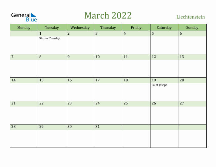 March 2022 Calendar with Liechtenstein Holidays