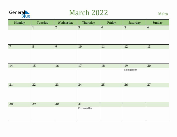 March 2022 Calendar with Malta Holidays
