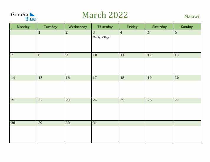 March 2022 Calendar with Malawi Holidays