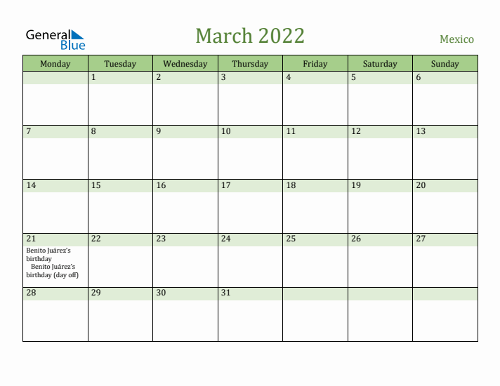 March 2022 Calendar with Mexico Holidays