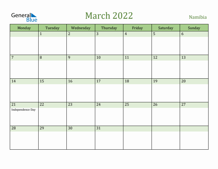 March 2022 Calendar with Namibia Holidays