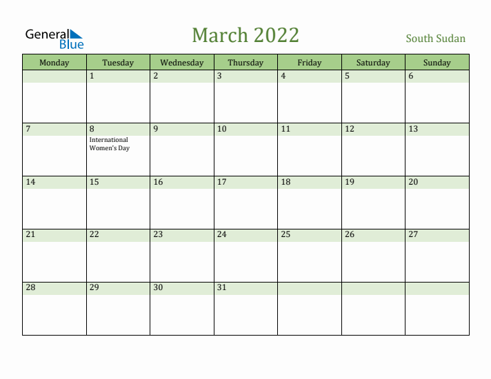 March 2022 Calendar with South Sudan Holidays