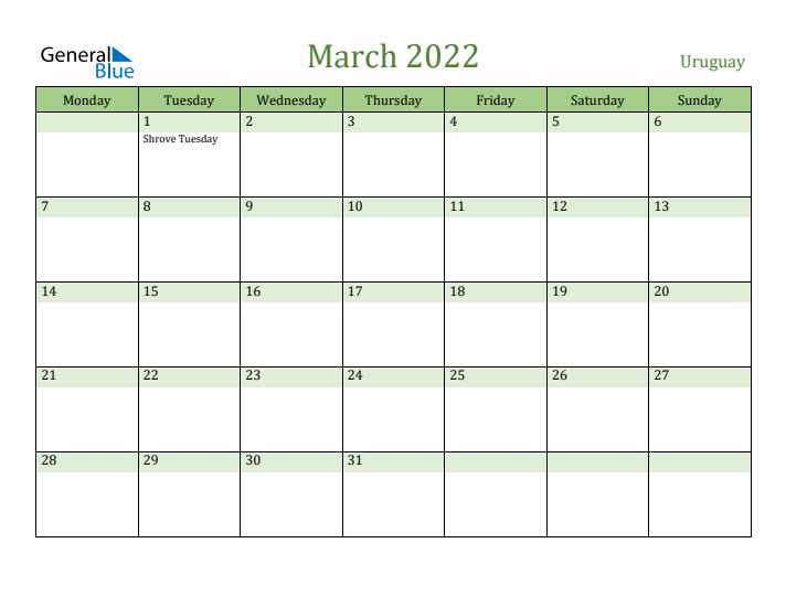March 2022 Calendar with Uruguay Holidays