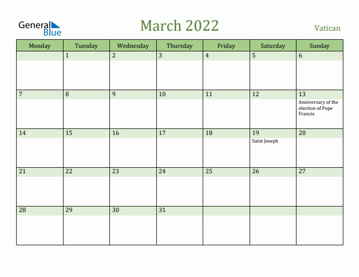 March 2022 Calendar with Vatican Holidays
