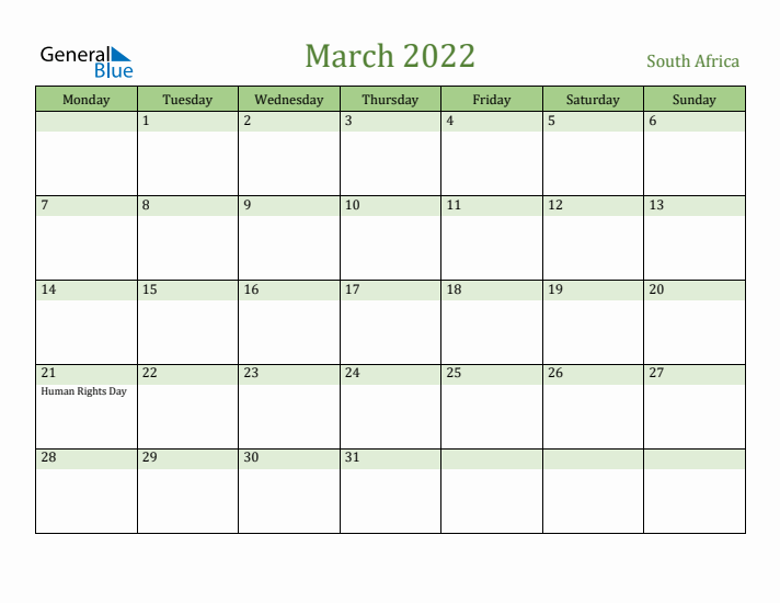 March 2022 Calendar with South Africa Holidays