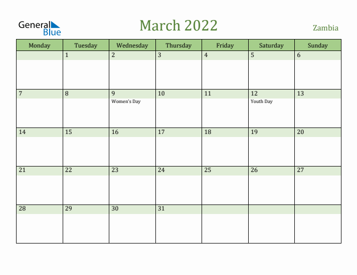March 2022 Calendar with Zambia Holidays