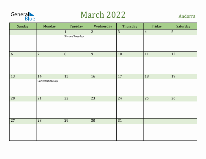 March 2022 Calendar with Andorra Holidays
