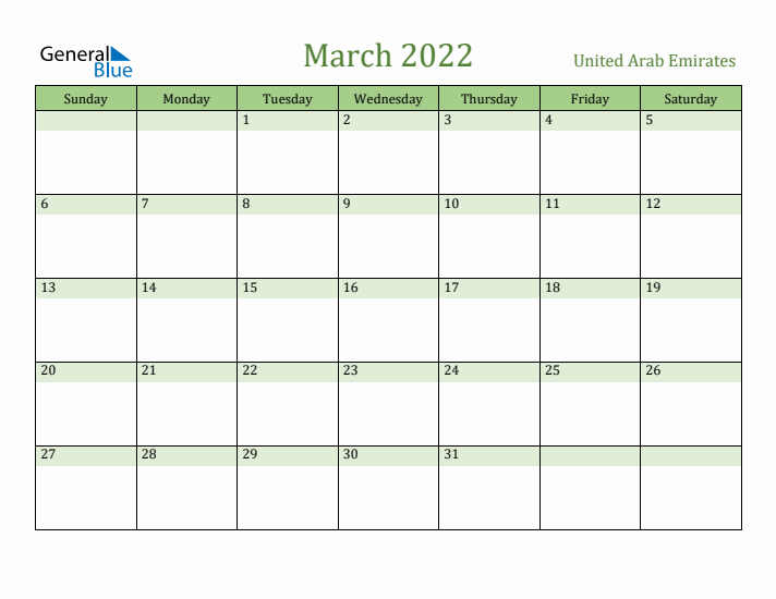 March 2022 Calendar with United Arab Emirates Holidays