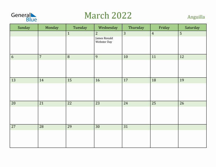 March 2022 Calendar with Anguilla Holidays