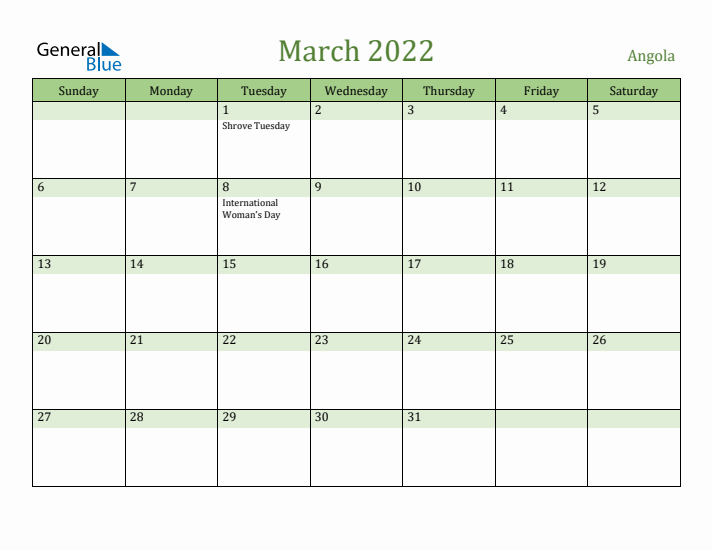March 2022 Calendar with Angola Holidays