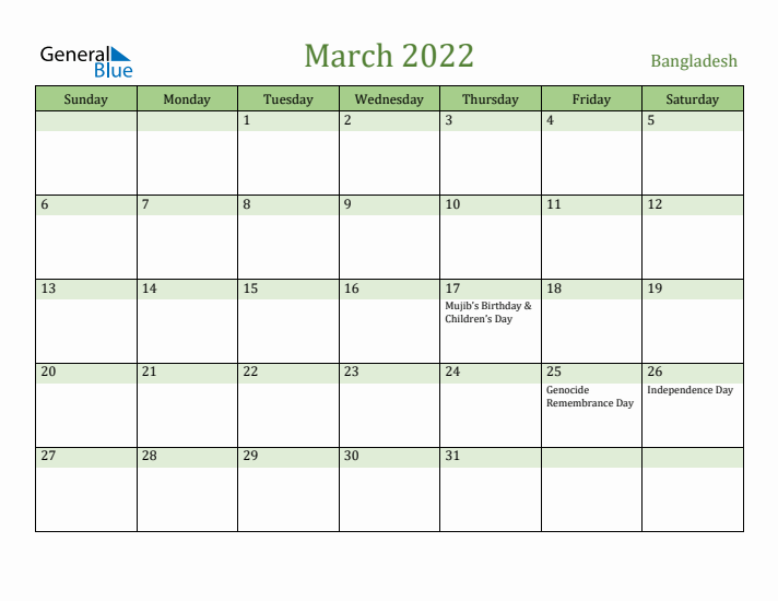 March 2022 Calendar with Bangladesh Holidays
