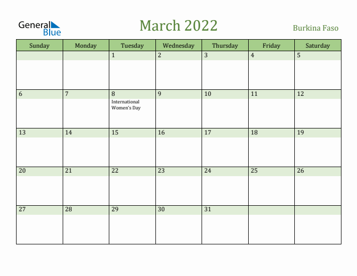March 2022 Calendar with Burkina Faso Holidays