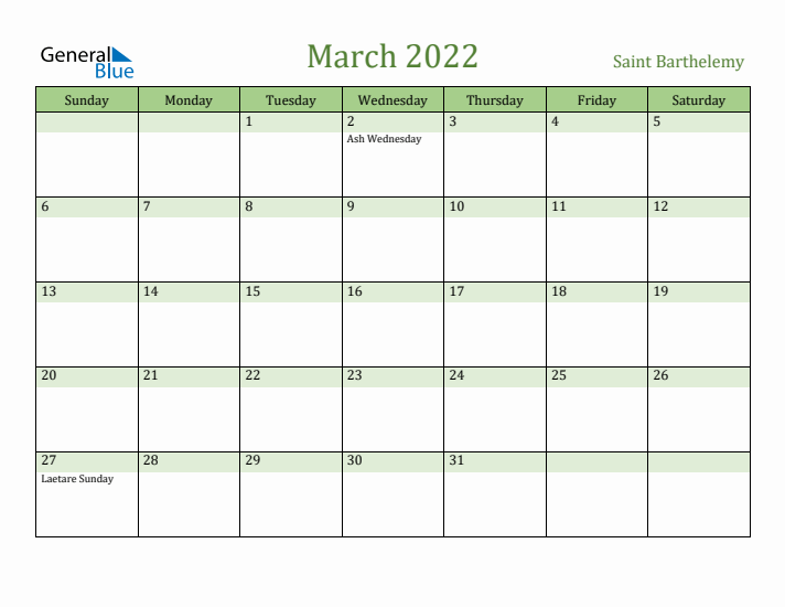March 2022 Calendar with Saint Barthelemy Holidays
