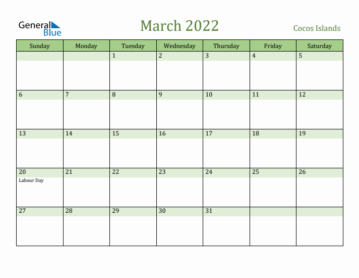 March 2022 Calendar with Cocos Islands Holidays