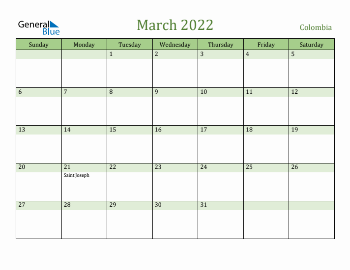 March 2022 Calendar with Colombia Holidays