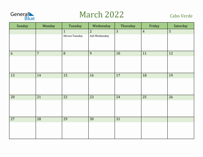 March 2022 Calendar with Cabo Verde Holidays