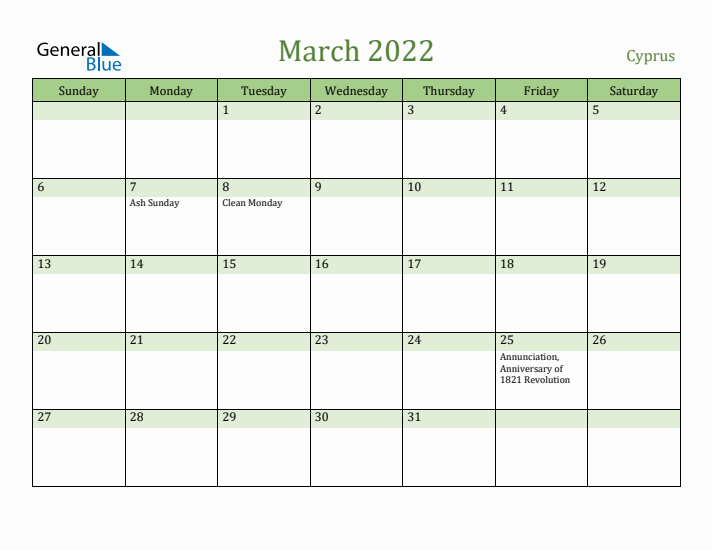 March 2022 Calendar with Cyprus Holidays