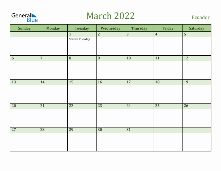 March 2022 Calendar with Ecuador Holidays