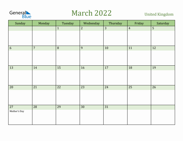 March 2022 Calendar with United Kingdom Holidays