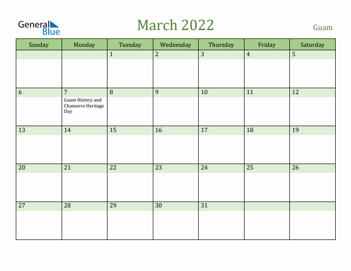 March 2022 Calendar with Guam Holidays