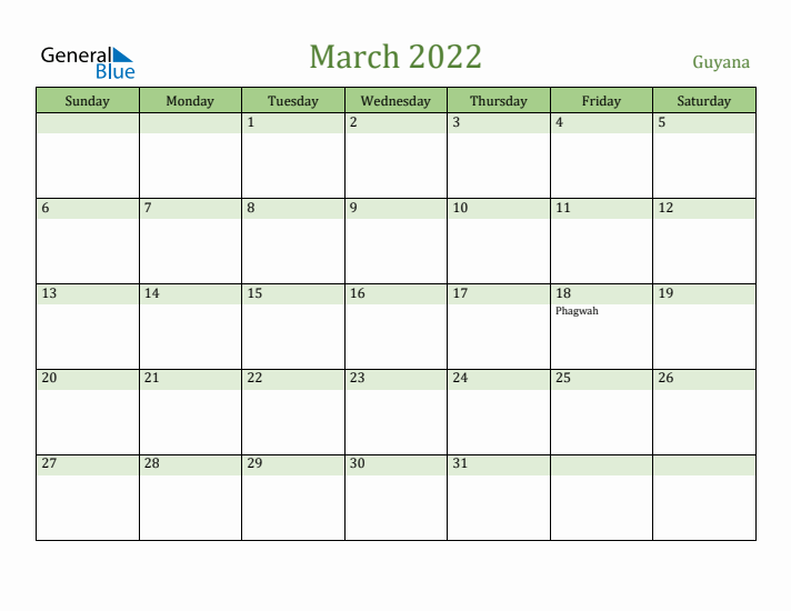 March 2022 Calendar with Guyana Holidays