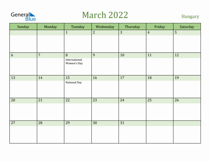 March 2022 Calendar with Hungary Holidays