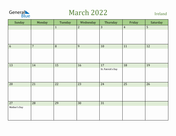 March 2022 Calendar with Ireland Holidays