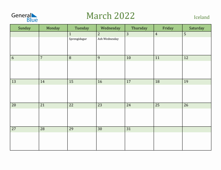 March 2022 Calendar with Iceland Holidays