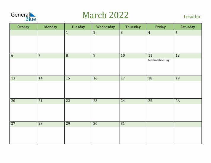 March 2022 Calendar with Lesotho Holidays