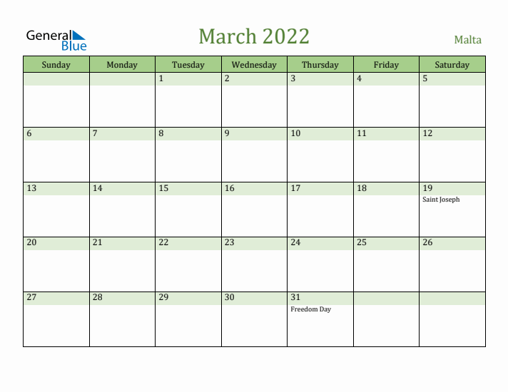 March 2022 Calendar with Malta Holidays