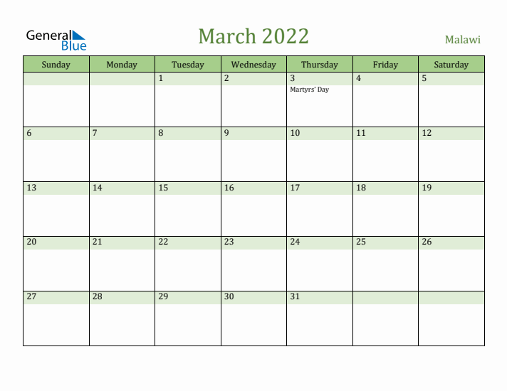 March 2022 Calendar with Malawi Holidays
