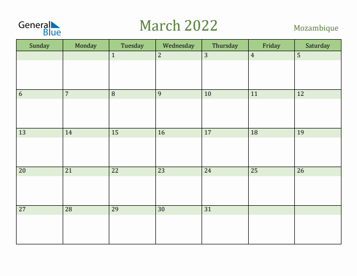 March 2022 Calendar with Mozambique Holidays