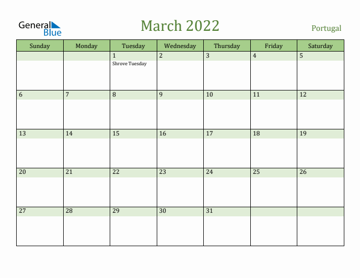 March 2022 Calendar with Portugal Holidays