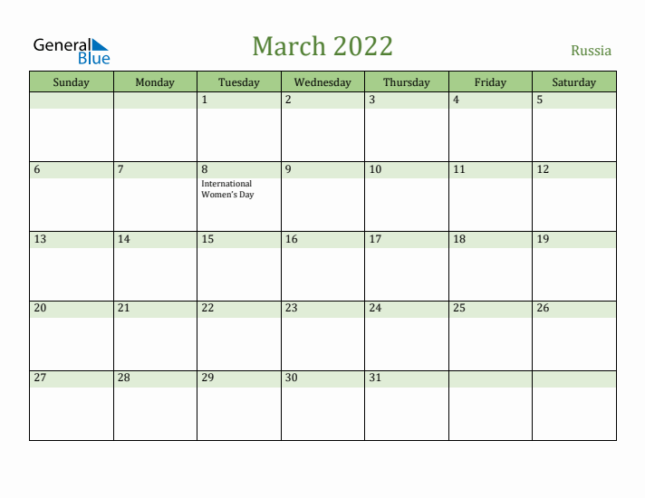 March 2022 Calendar with Russia Holidays