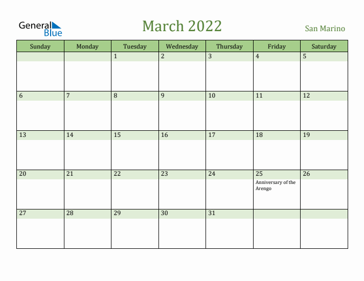 March 2022 Calendar with San Marino Holidays