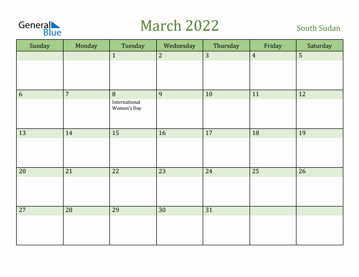March 2022 Calendar with South Sudan Holidays