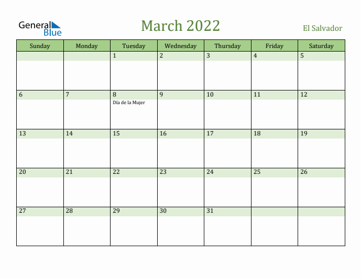 March 2022 Calendar with El Salvador Holidays
