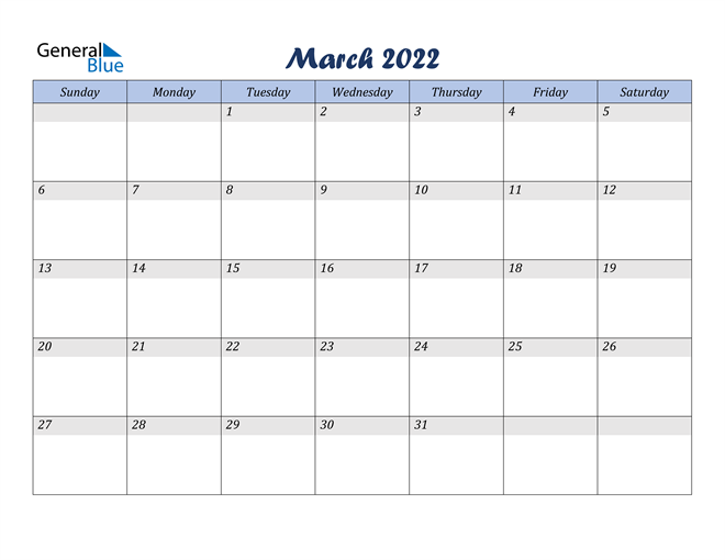  March 2022 Blue Calendar