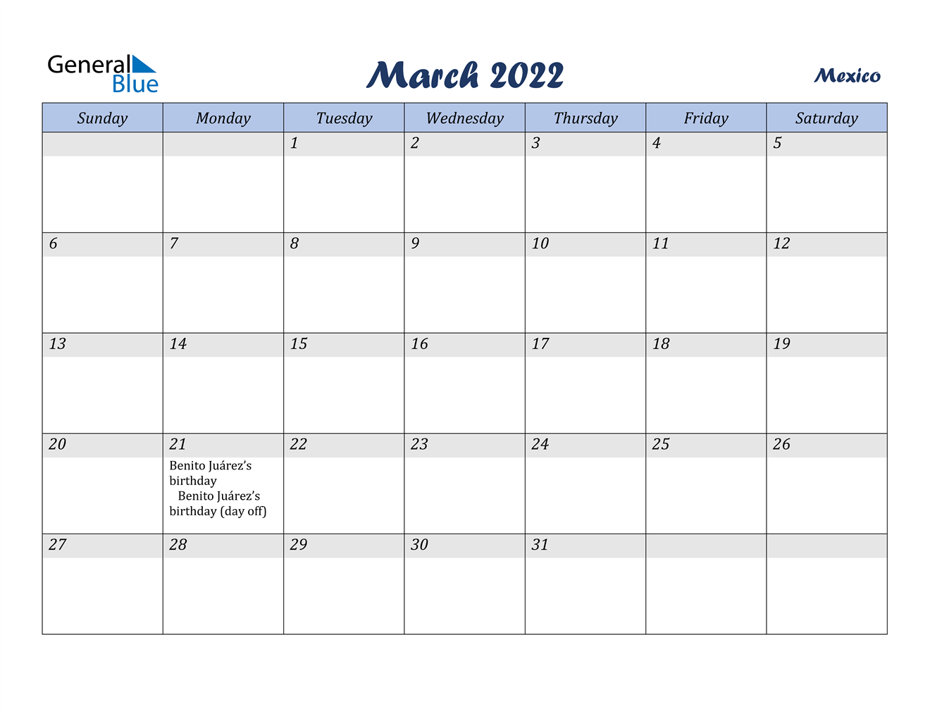 Mexico March 2022 Calendar with Holidays