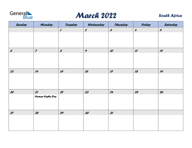 south africa march 2022 calendar with holidays