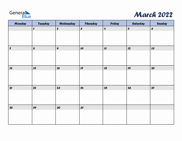 March 2022 Blue Calendar (Monday Start)