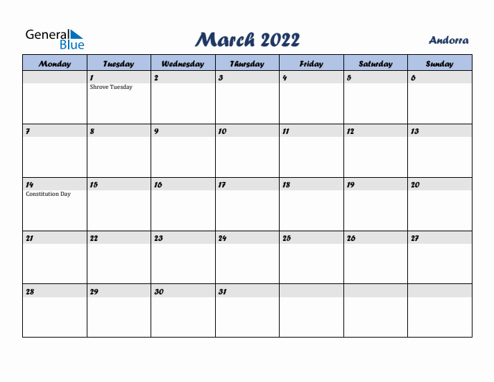 March 2022 Calendar with Holidays in Andorra