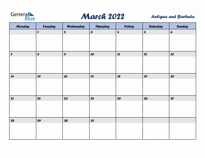 March 2022 Calendar with Holidays in Antigua and Barbuda
