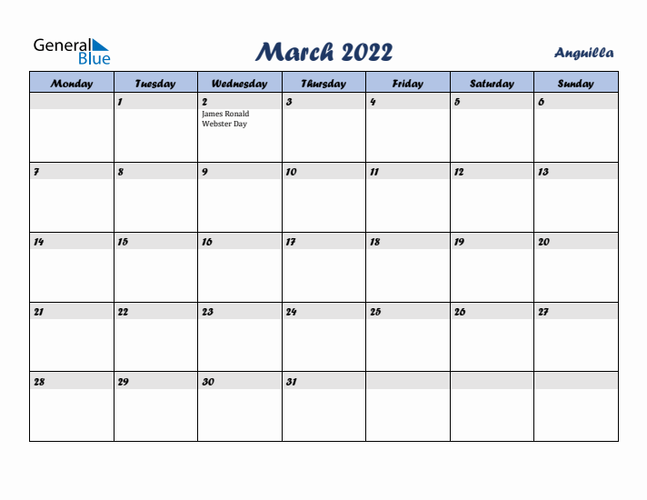March 2022 Calendar with Holidays in Anguilla
