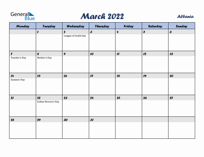 March 2022 Calendar with Holidays in Albania